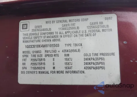 1998 Chevrolet S-10 Ls Fleetside from USA, damaged, VIN 1GCCS19X4W8101503